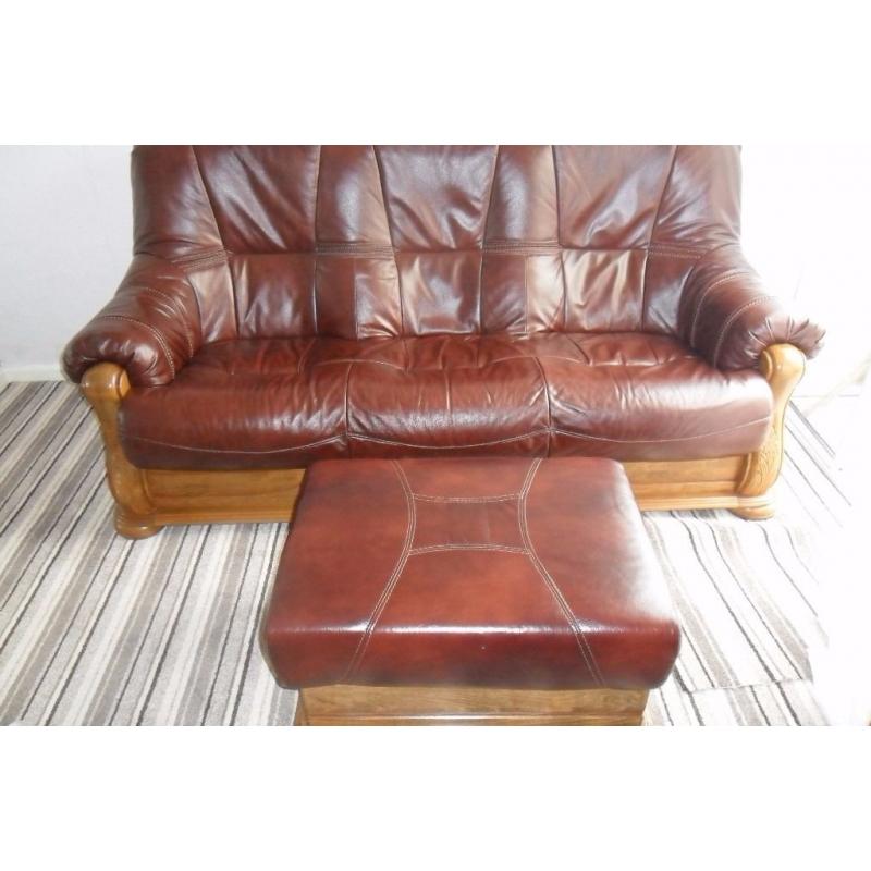 real leather 3 seater settee and foot stool