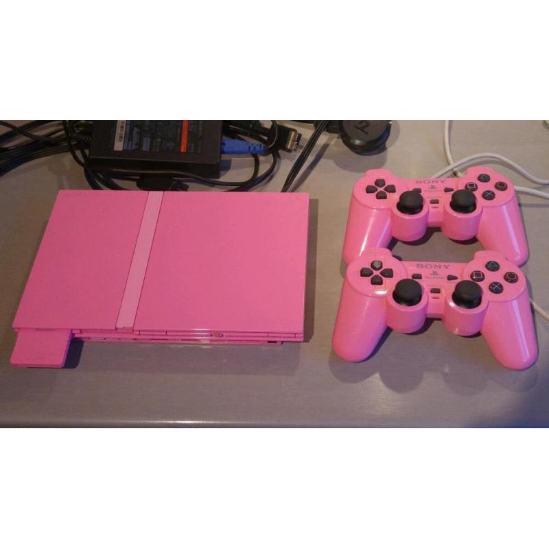 Pink Slimline PS2 with controllers and Leads