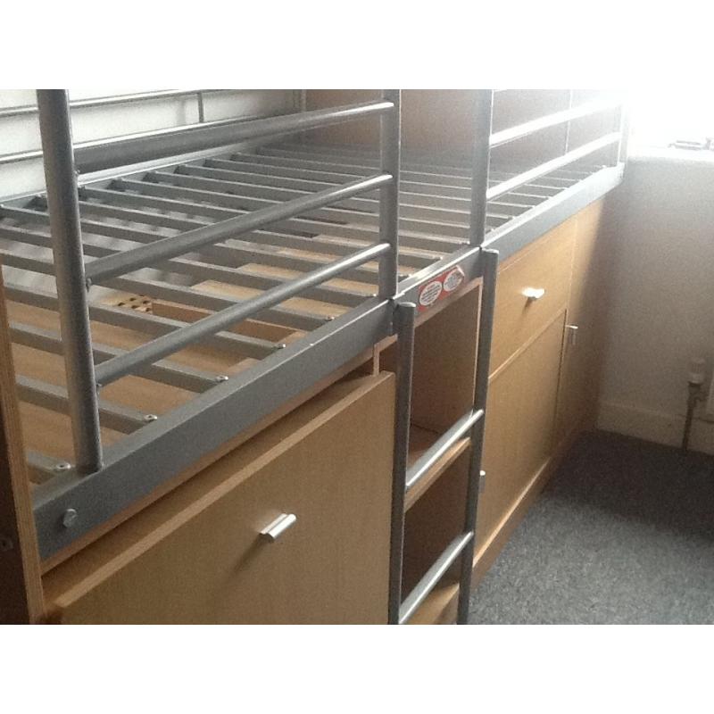 MID SLEEPER CABIN BED MODERN WOOD WITH METAL BARS