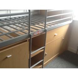 MID SLEEPER CABIN BED MODERN WOOD WITH METAL BARS