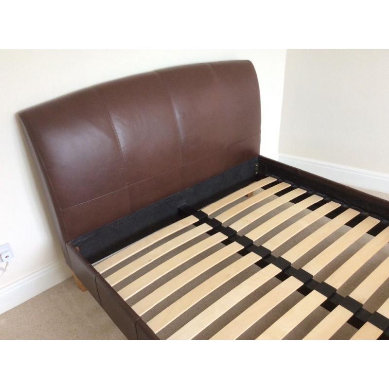 Double Leather M&S 'Sleigh Bed' in brown leather. Easy assembled.