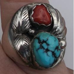 Native American Sterling/Turquoise/Coral Ring