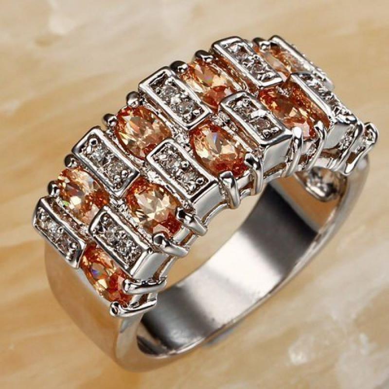 Cocktail Oval & Round Cut Morganite & White Topaz Gemstone Silver Ring Size R(9)