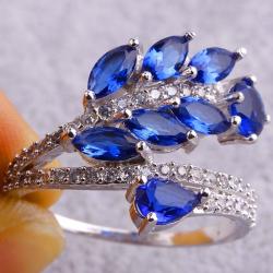 Marquise Cut Sapphire Quartz & White Topaz Gemstone Silver Ring Size 7