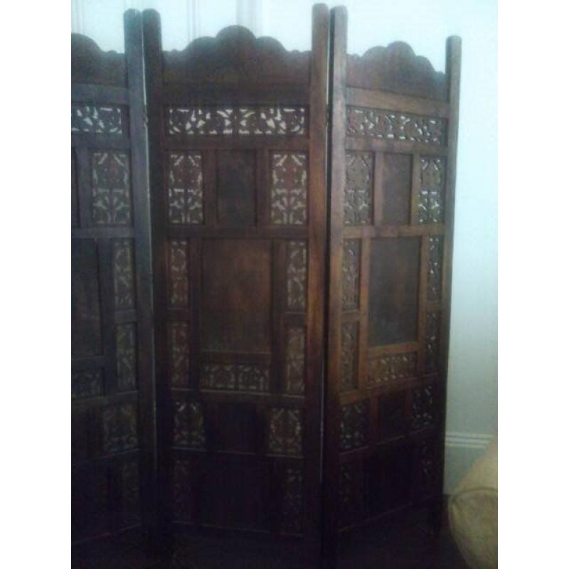 Wooden Foldable Divider Screen Room Partion With 4 Natural Wood Paravents