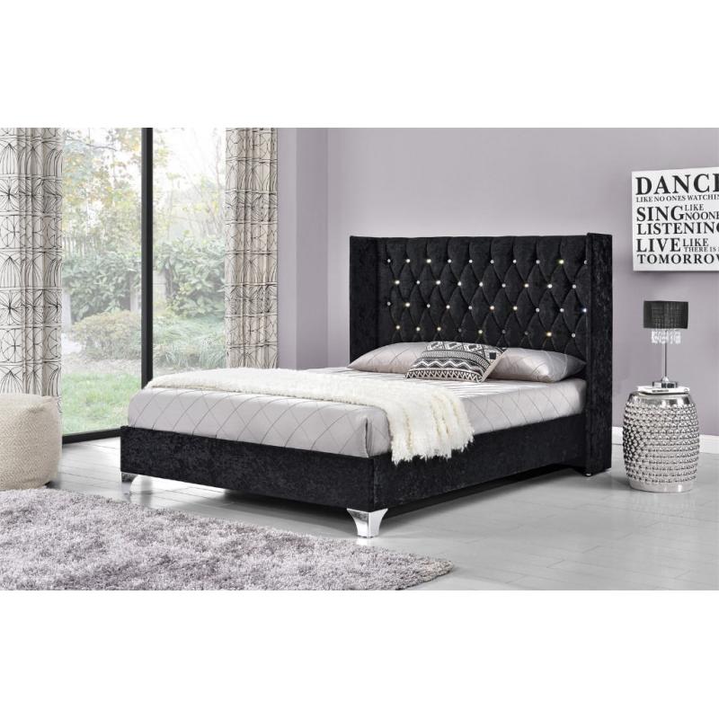 BLACK Double/King Wing back crushed velvet Diamonte bed