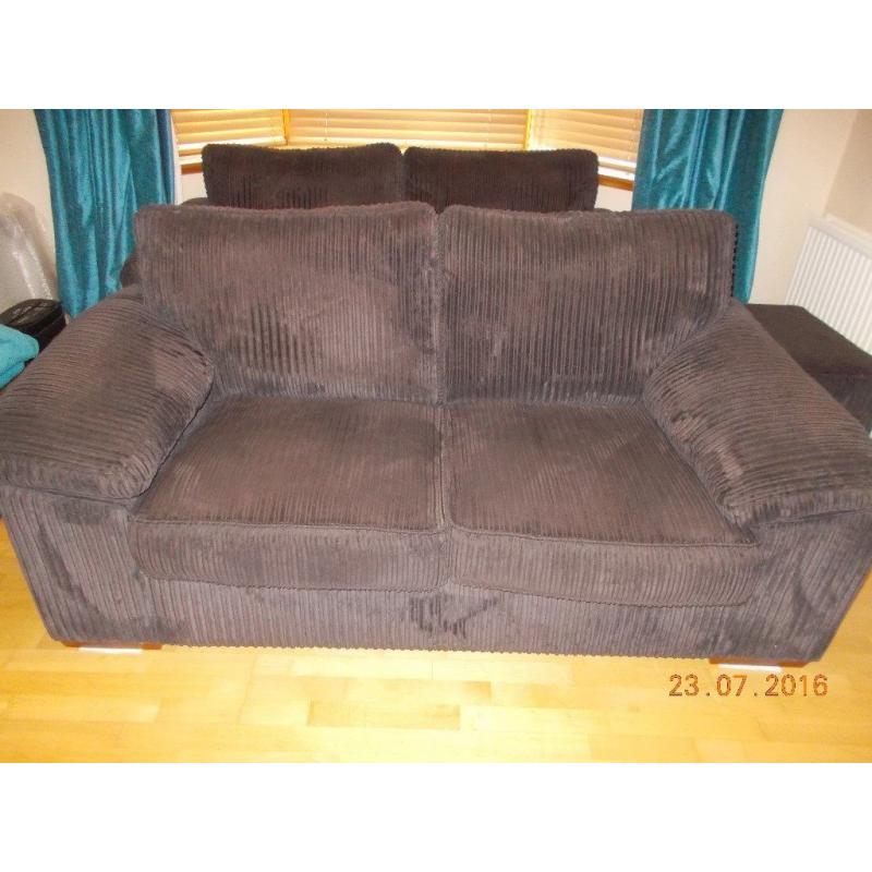 2 x 2 seater dark brown chenille sofas and footstool - VGC - Must go!