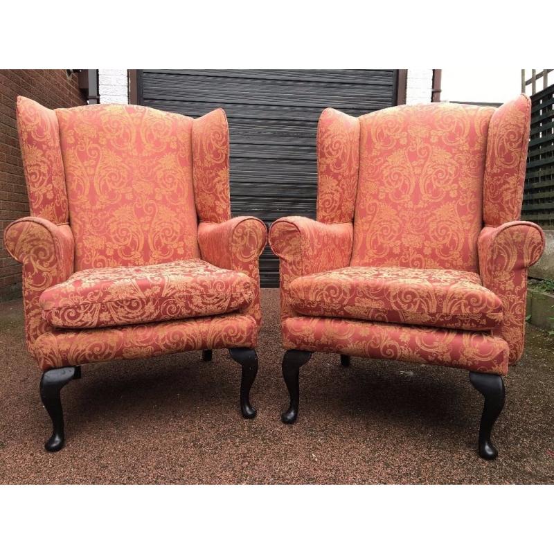 Pair Of Wing Back Armchairs - Queen Anne Armchairs - Good Sturdy Condition - as they are or projects