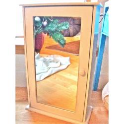 White self standing bathroom mirror cabinet 2 shelves about 6" depth 13 1/4" width 21" height