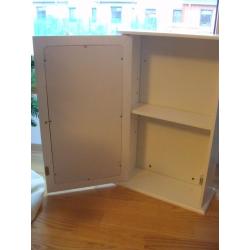 White self standing bathroom mirror cabinet 2 shelves about 6" depth 13 1/4" width 21" height