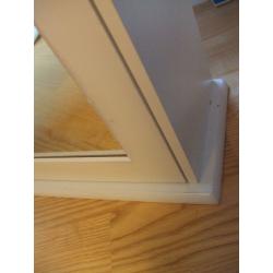 White self standing bathroom mirror cabinet 2 shelves about 6" depth 13 1/4" width 21" height