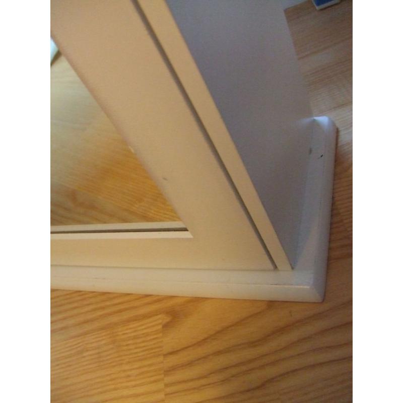 White self standing bathroom mirror cabinet 2 shelves about 6" depth 13 1/4" width 21" height