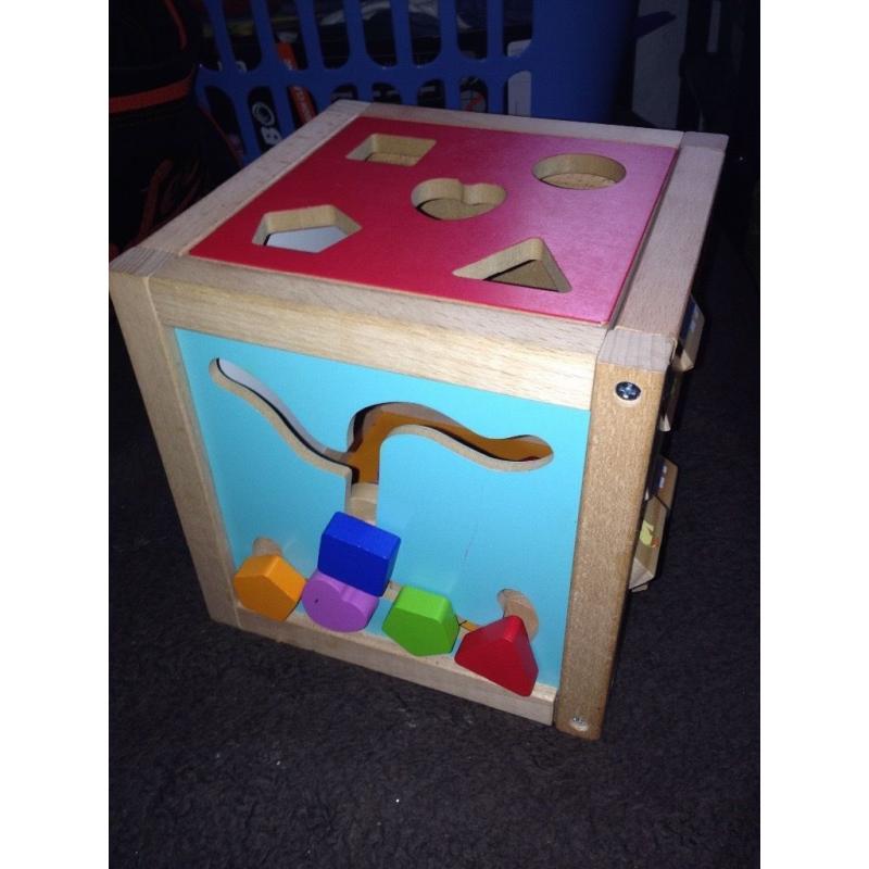 Wooden activity cube and shape puzzle