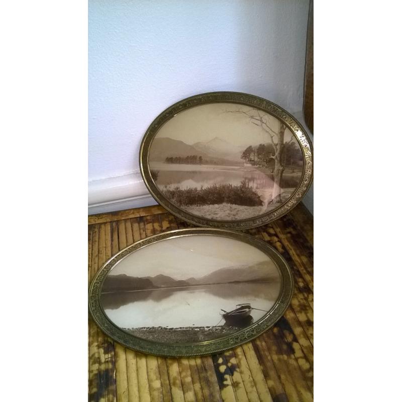 Pair of Vintage Sepia Photos in Brass Frames