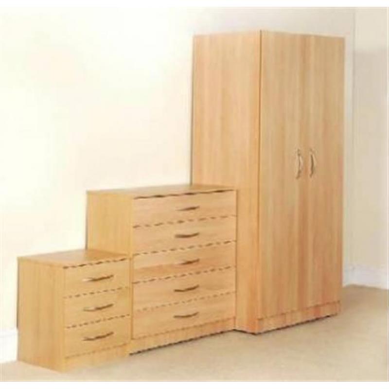 Ready built 2 door wardrob bedside and chest of drawer- Brand New