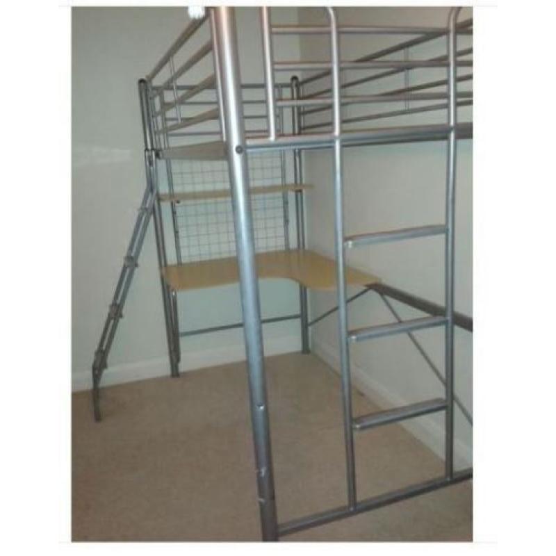 Metal Single Bunk Bed with Integrated Desk, good Mattress incl.