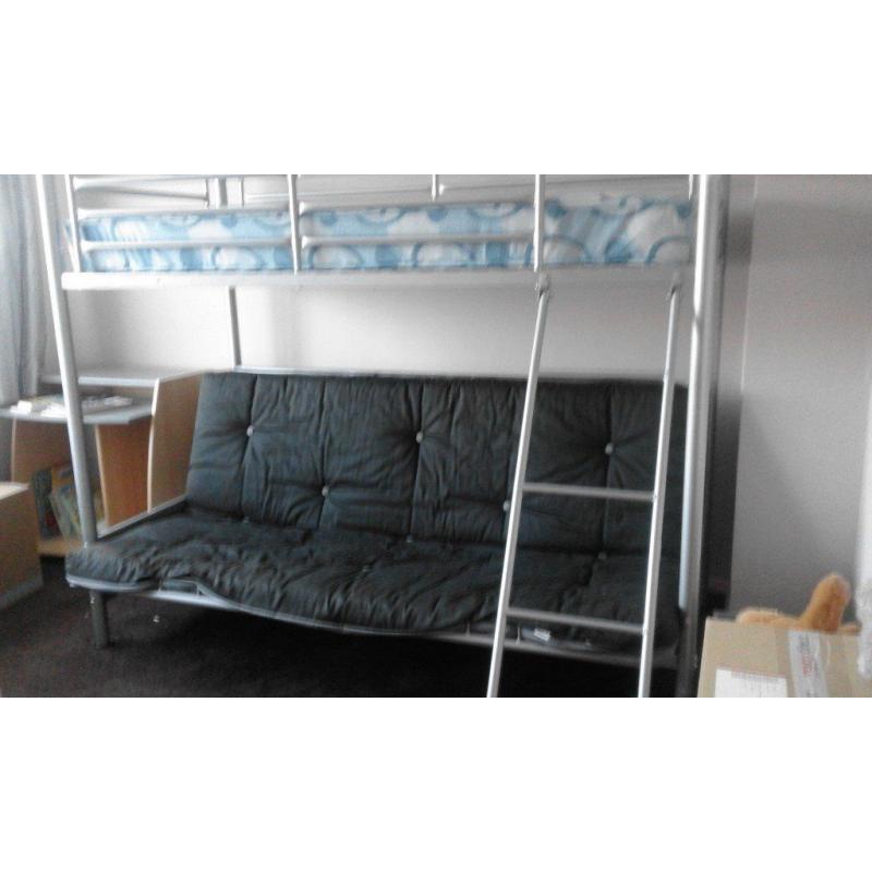 metal framed bunk bed & black futon single mattress and double mattress included.