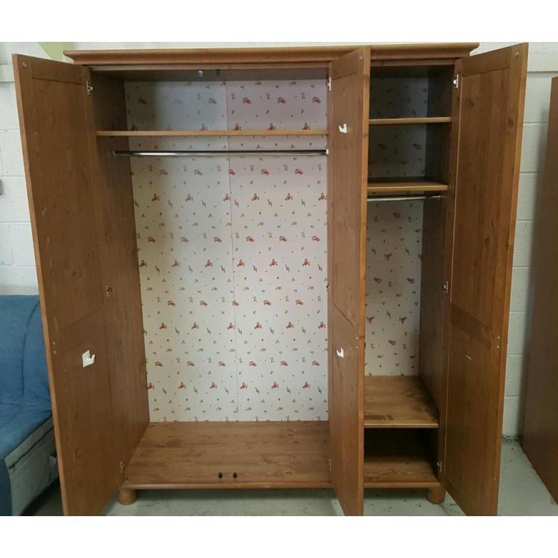 Solid pine large 3 door wardrobe with shelving