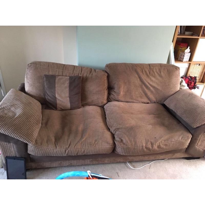 Brown suede 2 seater sofa and love chair