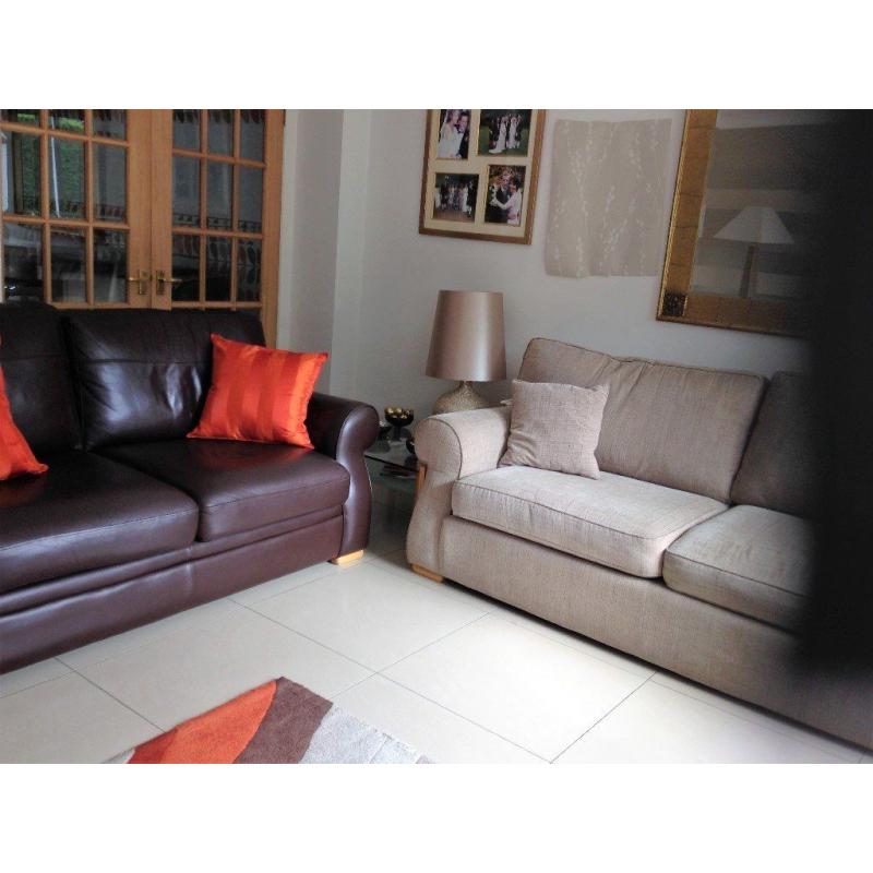 Stylish 3 seater fabric sofa with coordinating 2 seater leather sofa excellent immaculate condition.