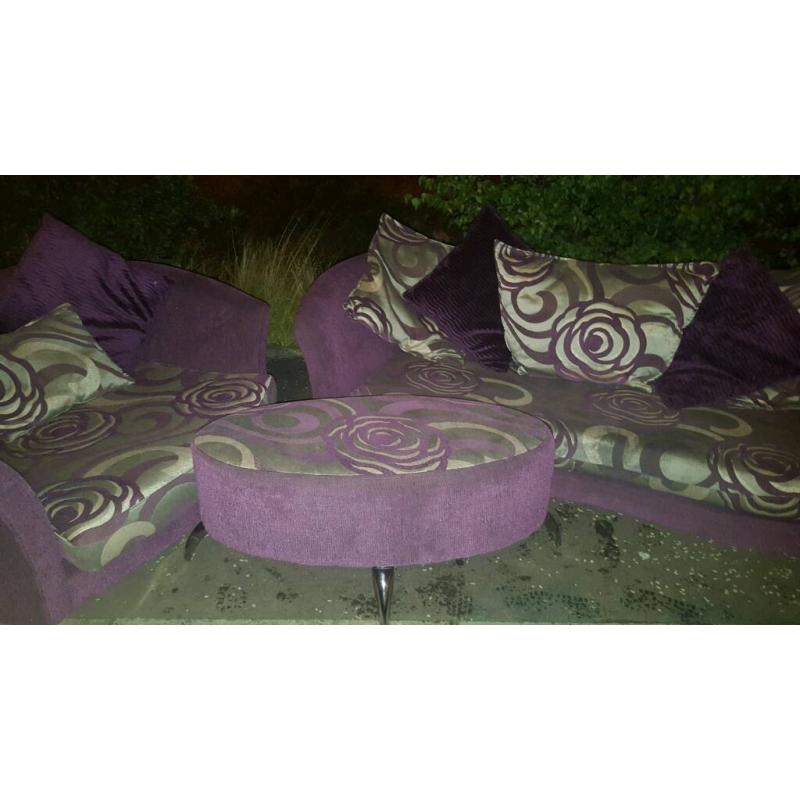 Purple sofas plus footstool