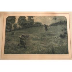 Robert W Macbeth pencil signed sepia etching 1800?s Mushroom harvesting by moon