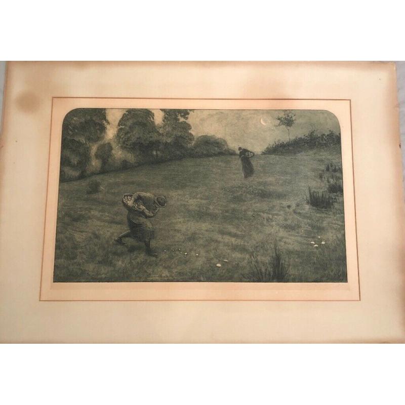 Robert W Macbeth pencil signed sepia etching 1800?s Mushroom harvesting by moon