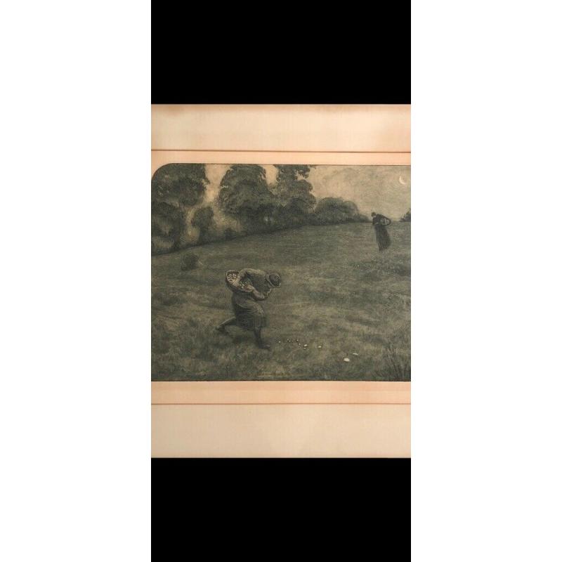 Robert W Macbeth pencil signed sepia etching 1800?s Mushroom harvesting by moon